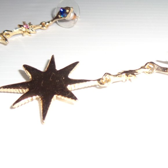 Crescent MOON & STAR Dangle EARRINGS Goldtone & Rhinestones Post Back - Picture 3 of 5
